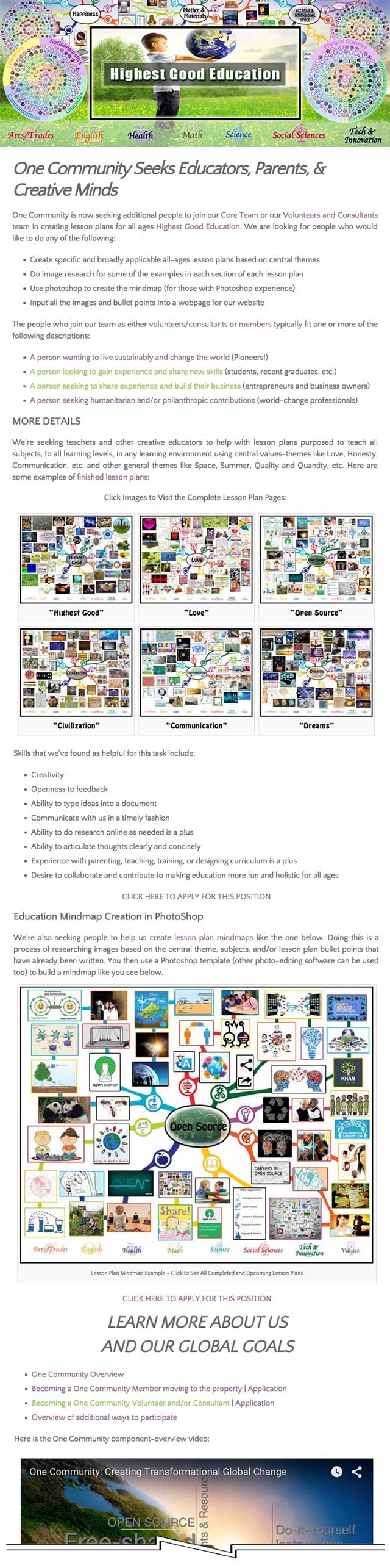  updated the Seeking Educators and Creative Minds page and associated help-wanted ads and requests, One Community