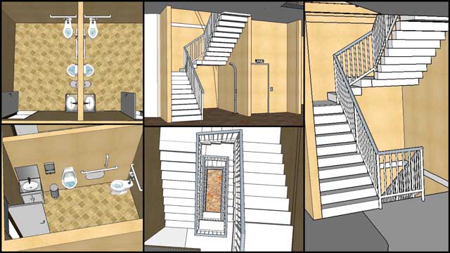continued updating the Sketchup 3-D for the Duplicable City Center. This week we worked on the bathrooms next to the elevator, redid the stairs and rails for the elevator area, and made corrections to the 1st and 4th floor structure around the stairs area, One Community