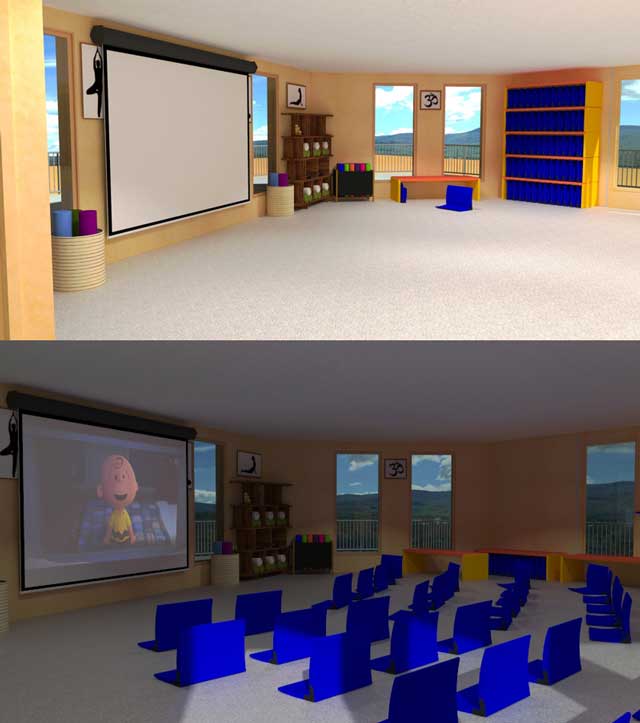 How to Regenerate Earth - 160-DCC-cupola-640, This week the core team continued working on the renders for the Cupola that will top the Duplicable City Center. What you see here is the theater room layout with floor chairs that can be folded and stored under benches and a pull-down projector screen for watching movies.