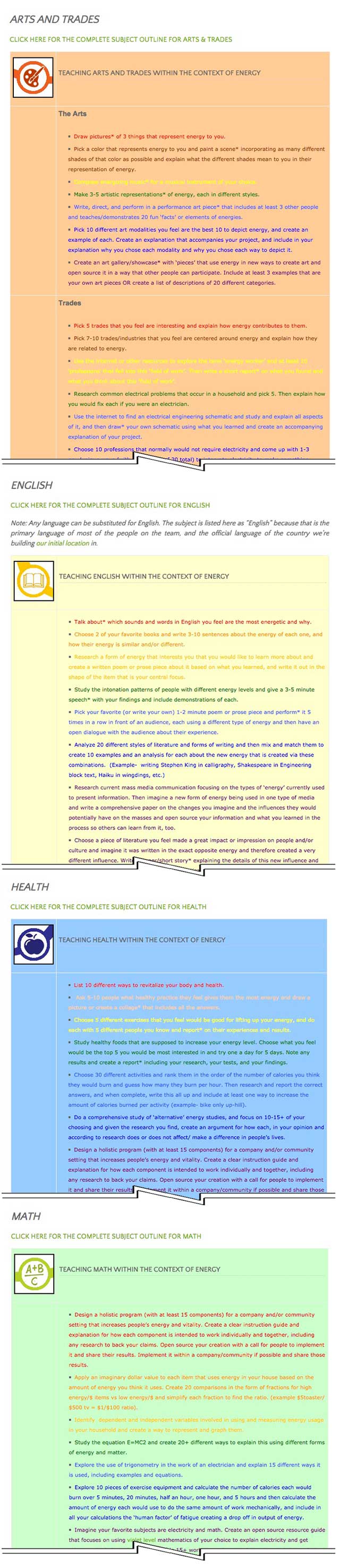 This last week the core team transferred the first 50% of the written content for the Energy Lesson Plan to the website, as you see here. This lesson plan purposed to teach all subjects, to all learning levels, in any learning environment, using the central theme of “Energy” is now 50% complete on our website.