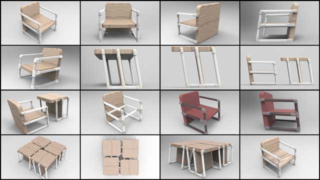 Iris Hsu (Industrial Designer), continued developing and evolving the Pipe Furniture designs. What you see here are the 5th generation concept designs for the chairs for the Duplicable City Center library. These chairs will be able to be converted into tables and are designed to be built out of PVC or recycled plumbing piping.