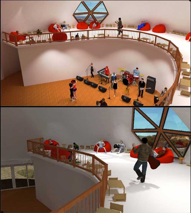 Global Change Progress – The core team also started render work on the Social Dome. Here are two 2nd floor rendering scenes, where the focus was setting up the background and placement of lights.