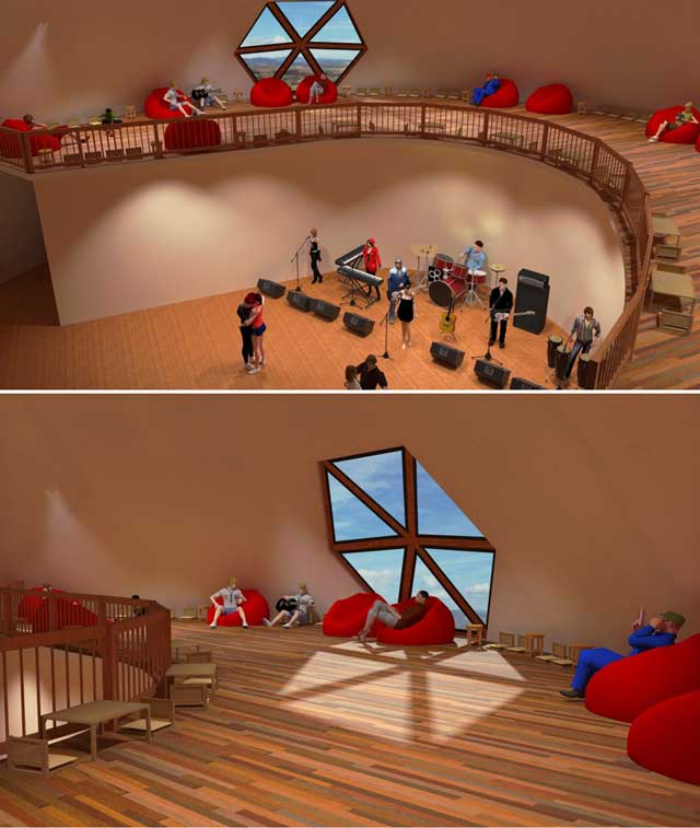 Highest Good Creating – These pictures show the 2nd floor of the Duplicable City Center rendering scenes, where we updated the scenery background, adjusted the shadows, and set up textures for the furniture, floor and musical instruments.