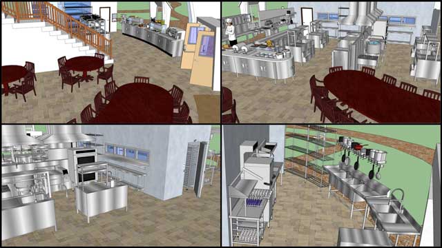 This week the core team finished updating the Sketchup 3-D for the Duplicable City Center kitchen. This week included final touchups and textures and the pictures you see here are from the final review of this area without the walls of the dome itself to get in the way. 