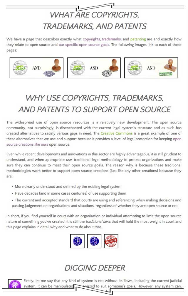  continued building the Copyrights, Trademarks, Patents and Using them to Support Open Source and Free-sharing page. This page shares the amazing work of Oz Czerski, a Lawyer Specializing in Trademark and Copyright Law. This week's progress included another complete round of edits, image additions, and some more formatting of all of Oz's work.