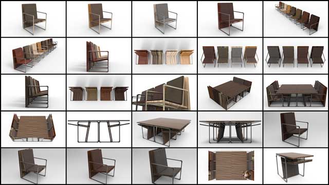 Iris Hsu (Industrial Designer), continued finalizing the Pipe Furniture design renders for the Duplicable City Center library. The new renders you see here show the variety of different combinations of wood types, pipe types and fabrics we researched and determined would be quality options for these designs.