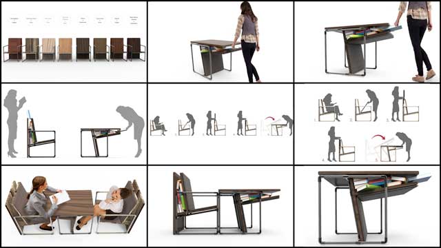 Iris Hsu (Industrial Designer), continued finalizing the Pipe Furniture design renders for the Duplicable City Center library. The new renders you see here show how the chairs convert to tables, how the designs can be used for storage, labels for the different kinds of wood, and a host of other design-clarification specifics.