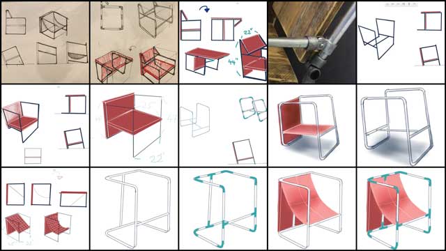 Iris Hsu (Industrial Designer), continued developing and evolving the Pipe Furniture designs. What you see here are the 6th generation concept designs for the chairs for the Duplicable City Center library. These chairs will be able to be converted into tables and are designed to be built out of PVC or recycled plumbing piping.