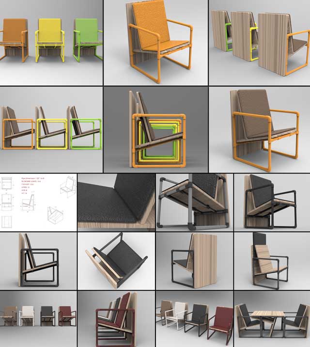 Iris Hsu (Industrial Designer), continued developing and evolving the Pipe Furniture designs. What you see here are renders for the final structural design for the chairs for the Duplicable City Center library. Some minor dimension changes are still needed but the designs you see here are the final designs for these chairs that will be built from recycled pipe (SINGLE IMAGE) and be usable as both chairs and as a table, A Complete Sustainability Approach