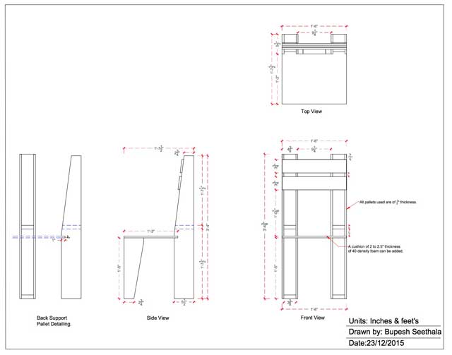 Bupesh Seethala, Architectural Drafter & Designer, is additionally converting these furniture designs into AutoCAD. Here you can see draft 1 of the pallet furniture chair.