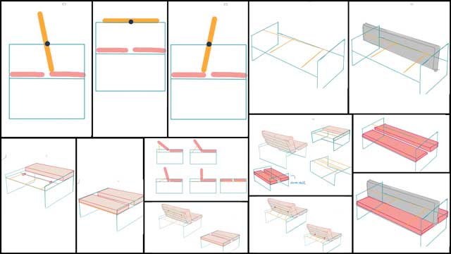 And Iris Hsu (Industrial Designer), continued with these additional Pipe Couch designs for the Duplicable City Center library. The drawing you see here are her 4th generation drawing exploring additional adjustment options for the back of the couch as well as stationary couch-back options.