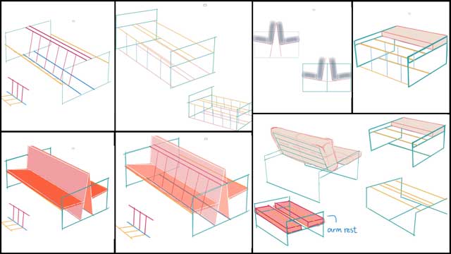 Iris Hsu (Industrial Designer), continued with these additional Pipe Couch designs for the Duplicable City Center library. The drawings you see here are her 5th generation drawings continuing development of the couch idea with a stationary back.
