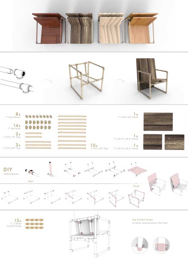 Iris Hsu (Industrial Designer) also created these construction plans for the pipe chair that can converts into a table