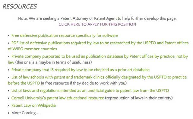 Working with Oz Czerski, Lawyer Specializing in Trademark and Copyright Law, we added this new resources section to the open source tutorial about patents.