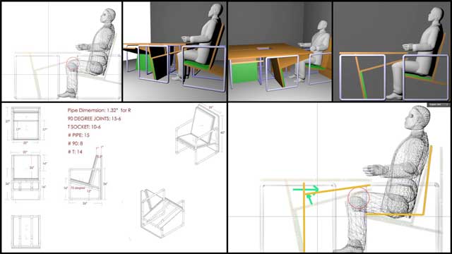 New-Paradigm Humanitarianism – Bupesh Seethala (Interior Designer) also created this analysis of the City Center library chairs designed by Iris Hsu (Industrial Designer), using a larger person than we did to identify possible legroom issues.