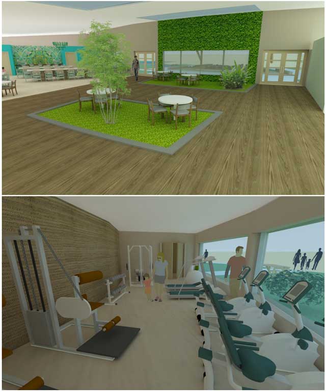Community-Based Eco-Resource Allocation – Brianna Johnson (Interior Designer), also continued evolving the renders for the Straw Bale Village (Pod 2). What you see here are initial test renders of the dining area looking North and the exercise facility. 