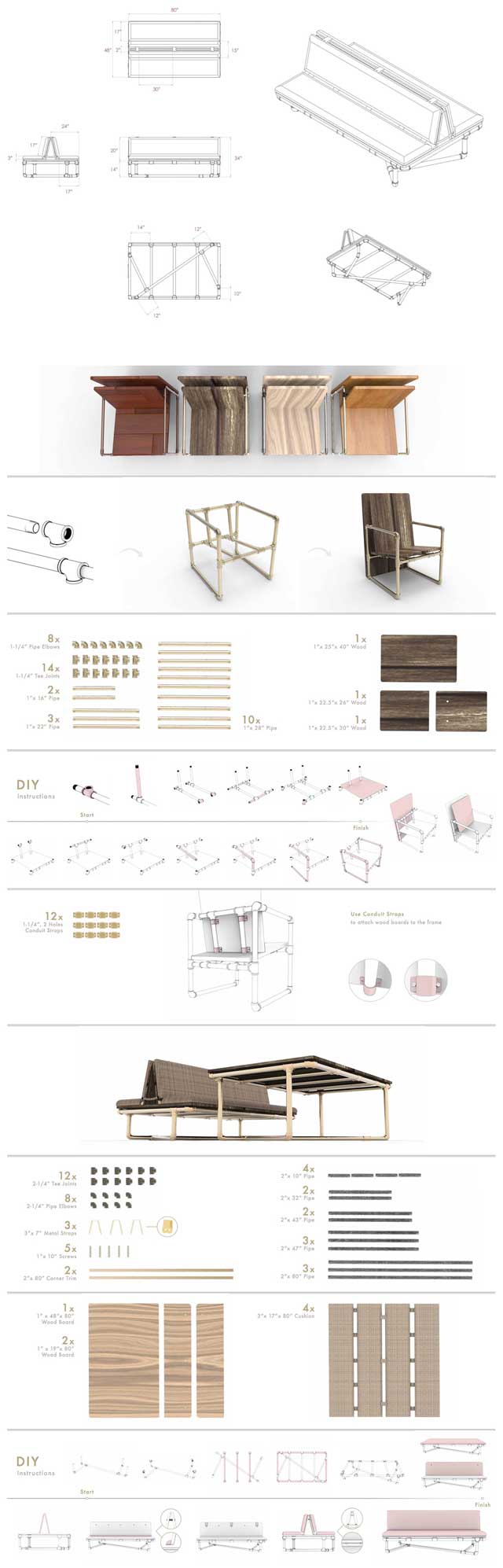Eco-Renovating Our Standards of Living – Iris Hsu (Industrial Designer), put the final touches on the Pipe Couch and Table/Chair designs for the Duplicable City Center library by creating these final measurement documents for the couch and then detailed assembly instructions for both the couch and table/chair including a final render, parts list, and step-by-step instructions for putting them both together. Fantastic work by Iris Hsu!
