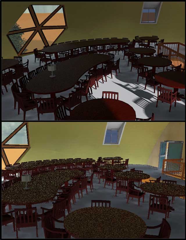 Community-Based Eco-Resource Allocation – We also began working on the Dining Dome second-floor rendering by selecting items and table lights and developing the shadows, floor and background.