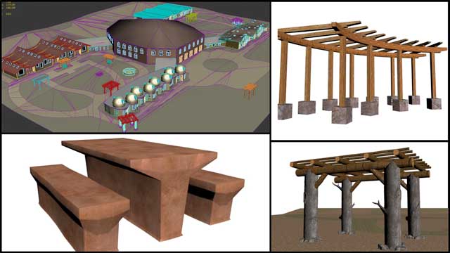 Global Change Progress – Dean Scholz, Architectural Designer, further developed what’s necessary for us to create quality Cob Village (Pod 3) renders. Here is update 12 of this work that continued with placement of new structures into the complete village model, finalization of cob sitting-space textures, adding rock foundations to one of the shade structures, and a new shade structure design.