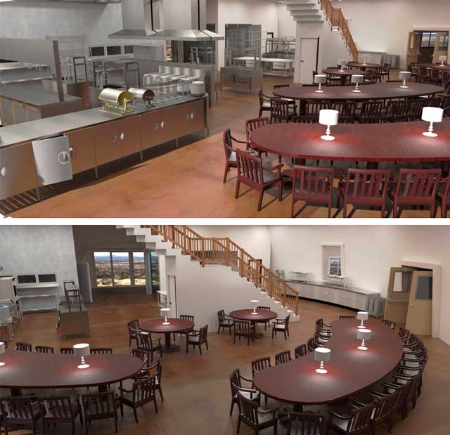 This week the core team continued working on the Duplicable City Center 3D renders. What you see here are the render updates in the dining dome north view of the kitchen where updates to the wall color were made and the texture of the floor was changed from tiles to stained concrete.