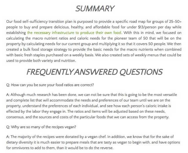 Global Change Progress – This last week the core team completed another round of organizing the streamlined version of our Food Self-sufficiency Transition Plan page, which includes contributions provided by Naturopathic Doctor Matt Marturano (creator of the COHERENT model for comprehensive digestive health). This week we added the summary and FAQs to the page. The page is now approximately 99% complete.