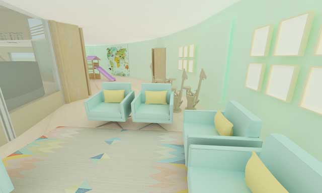 Global Change Progress – Brianna Johnson (Interior Designer), also continued evolving the renders for the Straw Bale Village (Pod 2). What you see here is the initial render of the kids playroom.