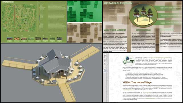 A Sustainable World is Possible, Zachary Melin (Graphic Designer) also continued updating the Tree House Village (Pod 7) book created by last year’s intern Team. What you see here is Zachary’s process of redoing the Vision page, Master Plan page, some background images and the Sustainable Design intro page.