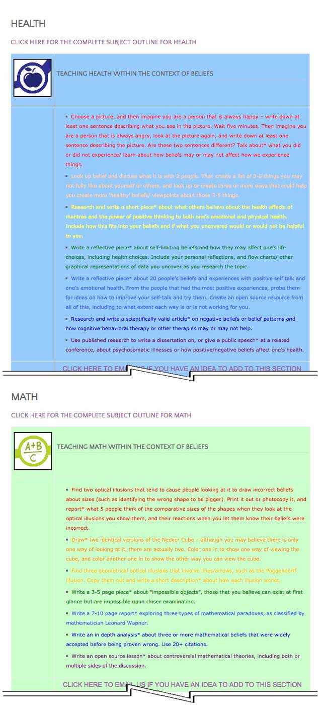 This last week the core team transferred the second 25% of the written content for the Beliefs Lesson Plan to the website, as you see here. This lesson plan purposed to teach all subjects, to all learning levels, in any learning environment, using the central theme of “Beliefs” is now 50% completed on our website.