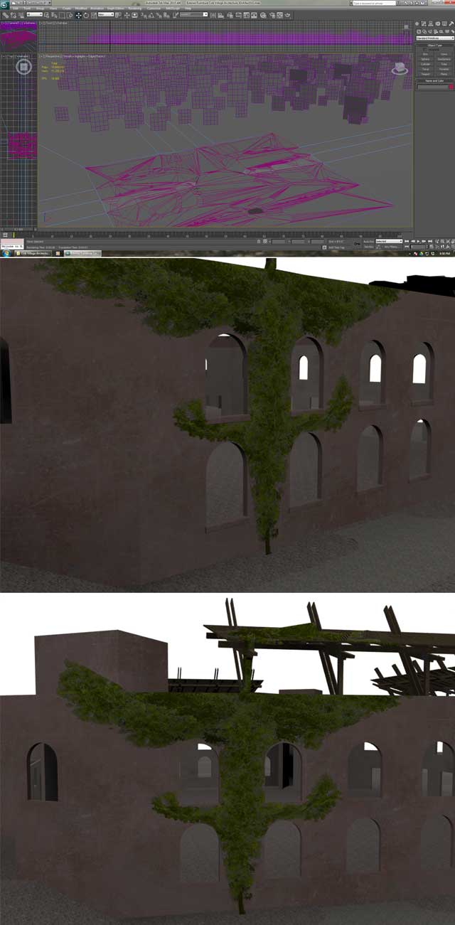 Cob-Village-Dean-b179-640, Dean Scholz (Architectural Designer), further developed what’s necessary for us to create quality Cob Village (Pod 3) renders. Here is update 33 of his work that focused on adding foliage around the windows of the central dining and recreation structure and running test renders testing the background tree images.