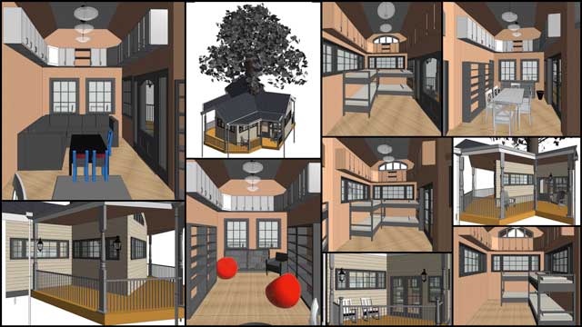Global Ecology Open Source Model – Working on the Tree House Village (Pod 7), Jesika Rohrbach (Architectural Drafter, Designer, and 3-D Modeler) completed the work you see here including internal and external layouts for the Hostel Tree House and additional details in the library.