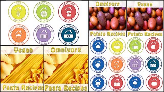 How to Build a Sustainable Planet - Steven Paslawsky (Graphic Designer) also created these new images for the food self-sufficiency plan omnivore and vegan meal plan pages and several sets of icon ideas for the different Highest Good Housing pages: