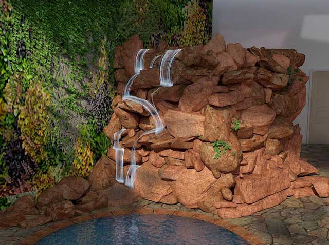 Highest Good Creating – Bupesh Seethala (Interior Designer) also finished his part of the work for the Natural Pool and Spa mechanical room details. Here you see a finished render of this room covered in stone and featuring a waterfall.