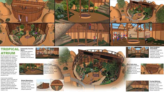 Highest Good Creating – Shadi Kennedy (Artist and Graphic Designer) also created these new render roughs and version 2.0 of the updated layout proposal for a new graphic to share the features of the Tropical Atrium that is the center of the Earthbag Village (Pod 1).