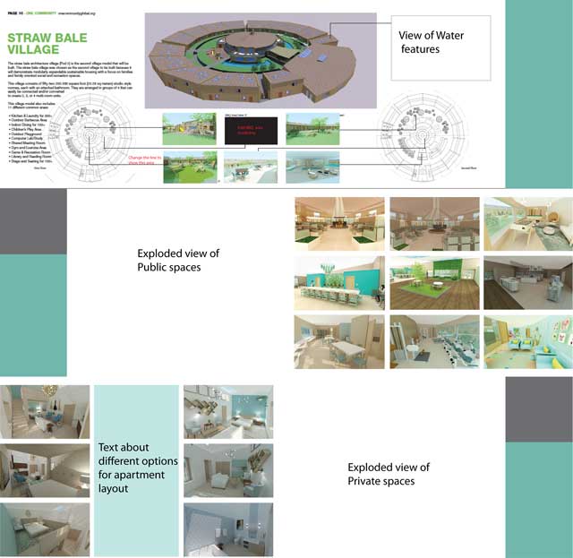Brianna Johnson (Interior Designer), continued evolving the renders for the Straw Bale Village (Pod 2). What you see here are her ideas for the layout of all her renders for inclusion in the online book we’re creating that will be an overview of all 7 villages and the Duplicable City Center.