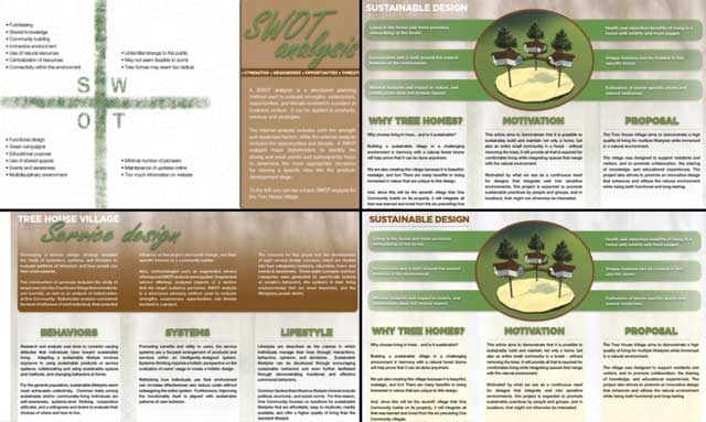 How to Build a Sustainable Planet, Zachary Melin (Graphic Designer) also continued updating the Tree House Village (Pod 7) book created by last year’s intern Team. What you see here is another revision of the SWOT analysis page and the work in progress for the Sustainable Design and Service Design pages.