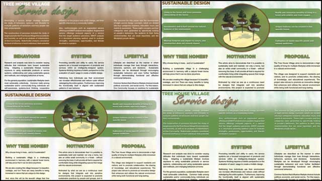 Eco-Living and Design, Zachary Melin (Graphic Designer) also continued updating the Tree House Village (Pod 7) book created by last year’s intern Team. What you see here is another revision of the SWOT analysis page and multiple iterations of the Sustainable Design and Service Design pages: