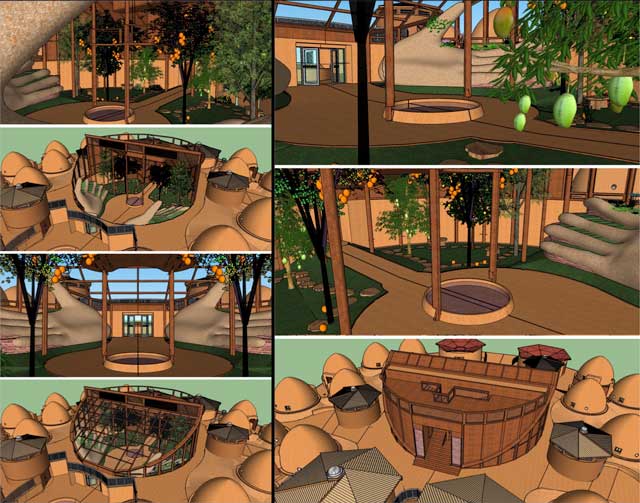 Global Ecology Open Source Model – Shadi Kennedy (Artist and Graphic Designer) also created these new render-scene previews to better share the features of the Tropical Atrium that is the center of the Earthbag Village (Pod 1). These scenes now go to our core team for rendering and then back to Shadi for final photoshop touchups.