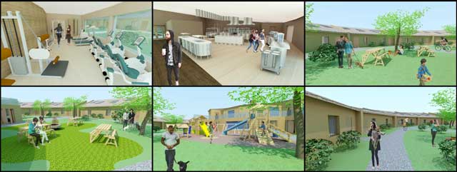 Also these 2nd generation renders of the gym… kitchen… outdoor benches… outdoor fire pit… playground… and outdoor walkway areas:
