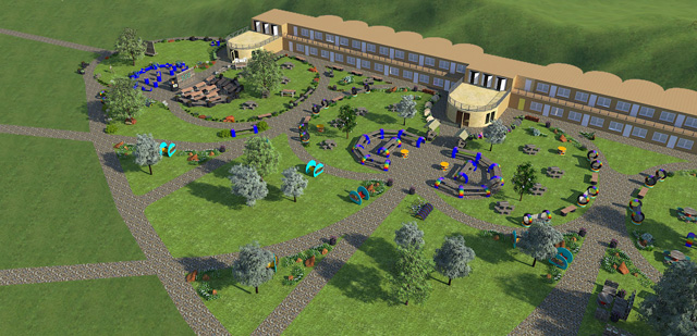 One Community Recycled Materials Village, Concept Render, Outdoor Art, Library, Sustainable Community Models, One Community Weekly Progress Update #271