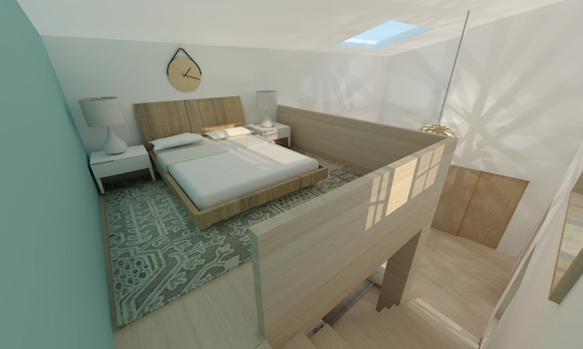  Brianna Johnson (Interior Designer), added final Photoshop details to the Straw Bale Village (Pod 2) Apartment Loft render: