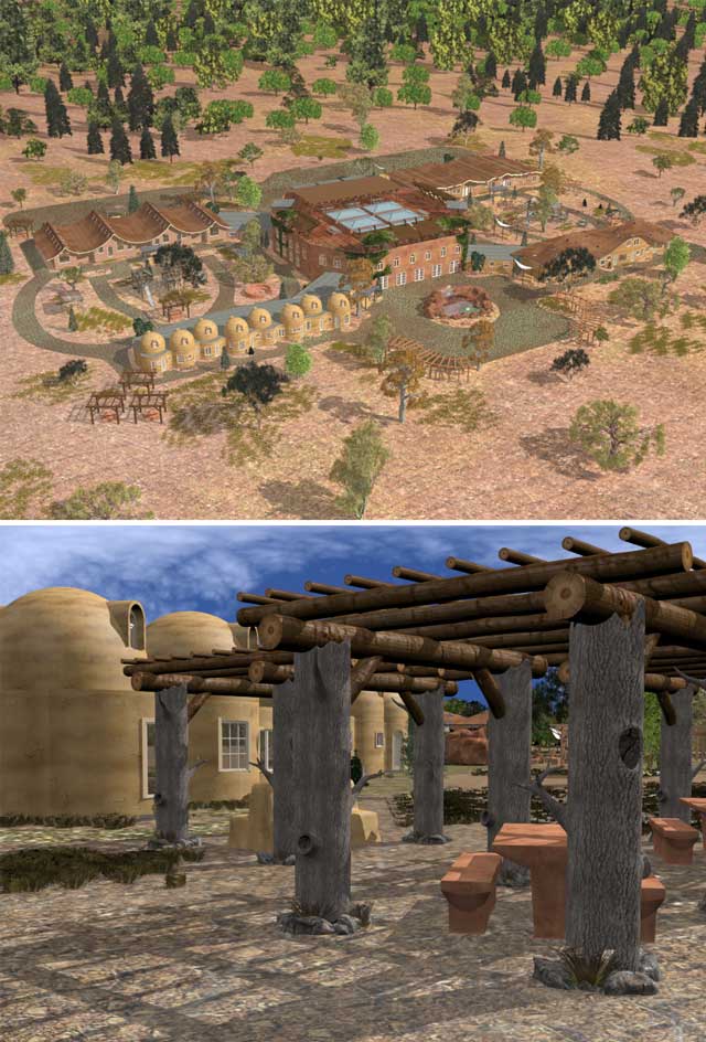 Dean Scholz (Architectural Designer), further developed what’s necessary for us to create quality Cob Village (Pod 3) renders. Here is update 37 of his work that finalized the overview render and further developed the shadows, textures, and other aesthetic details of this perspective render looking East from in front of the village: