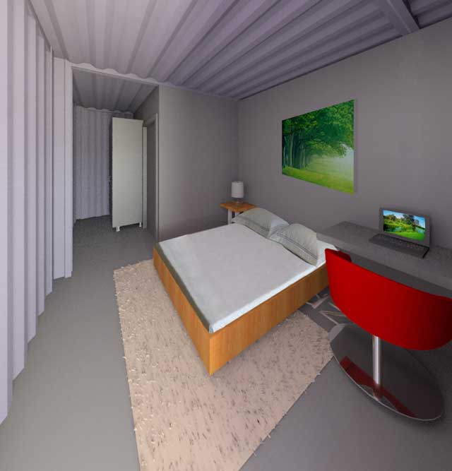 Guy Grossfeld (Graphic Designer) also continued with his 3rd week of photoshop work on the renders for the Shipping Container Village (Pod 5). Here you see final versions of a rental room looking in, restoring sustainable balance