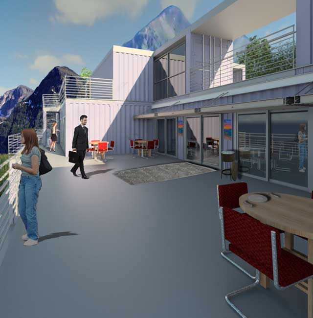 Guy Grossfeld (Graphic Designer) also continued with his 3rd week of photoshop work on the renders for the Shipping Container Village (Pod 5). Here you see final versions of the open area behind the dining hall looking Northwest, restoring sustainable balance
