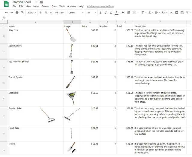 This week, the core team continued working on the Garden Tools list. We revised the tools list, transferred the info from Excel into Google Excel, and added more tools, images, and prices, as shown here. 