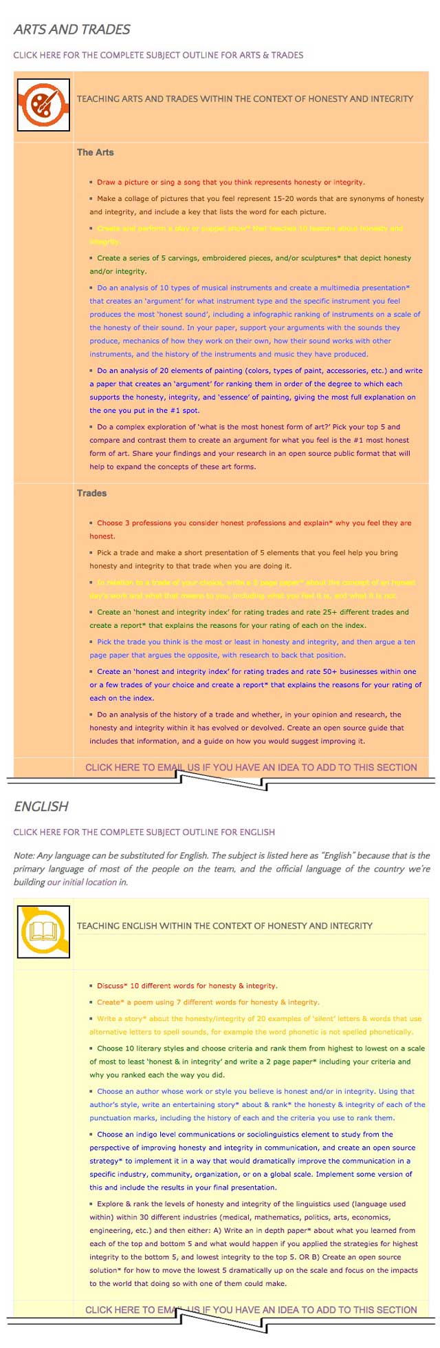 This last week the core team transferred the first 25% of the written content for the Honesty and Integrity Lesson Plan to the website, as you see here. This lesson plan purposed to teach all subjects, to all learning levels, in any learning environment, using the central theme of “Honesty & Integrity” is now 25% completed on our website.