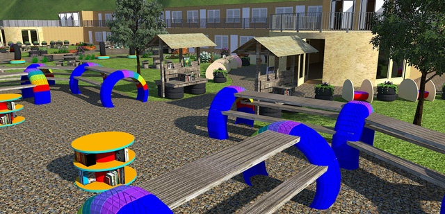 One Community Recycled Materials Village - Outdoor Library Area Looking Northwest, 640