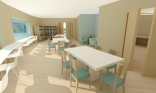 Brianna Johnson (Interior Designer), added final Photoshop details to the Straw Bale Village (Pod 2) Library Workspace render