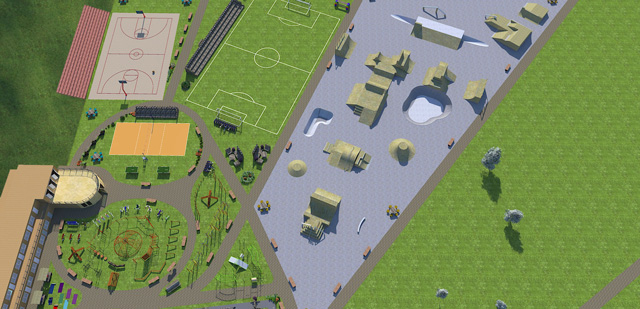 یک دهکده مواد بازیافت شده جامعه |  Concept Render - منطقه ورزش در فضای باز از بالا