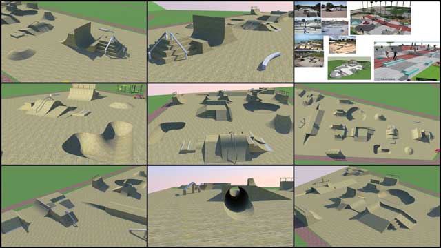 The core team continued Sketchup design for the open source outdoor areas of the Recycled Materials Village (Pod 6). This week we selected the area for the skatepark, researched skate-park images and ideas for Sketchup models (top right image), and created the initial skatepark layout and designs.