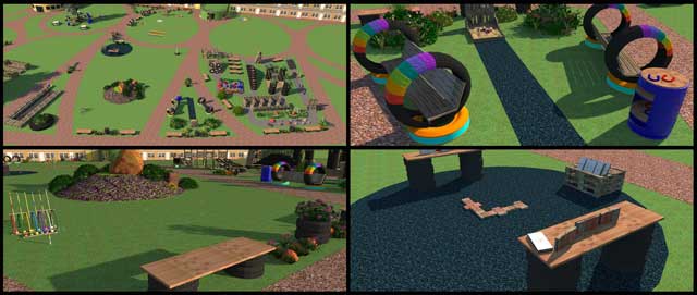 This last week the core team continued Sketchup design for the open source outdoor areas of the Recycled Materials Village (Pod 6). This week we designed the horseshoe game area, worked on the croquet area, and finished designing the domino game area.